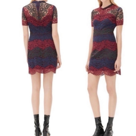 Sandro Rodney Maroon and Navy Color Block Lace Mini Dress - Size 1 (XS) - Picture 1 of 10